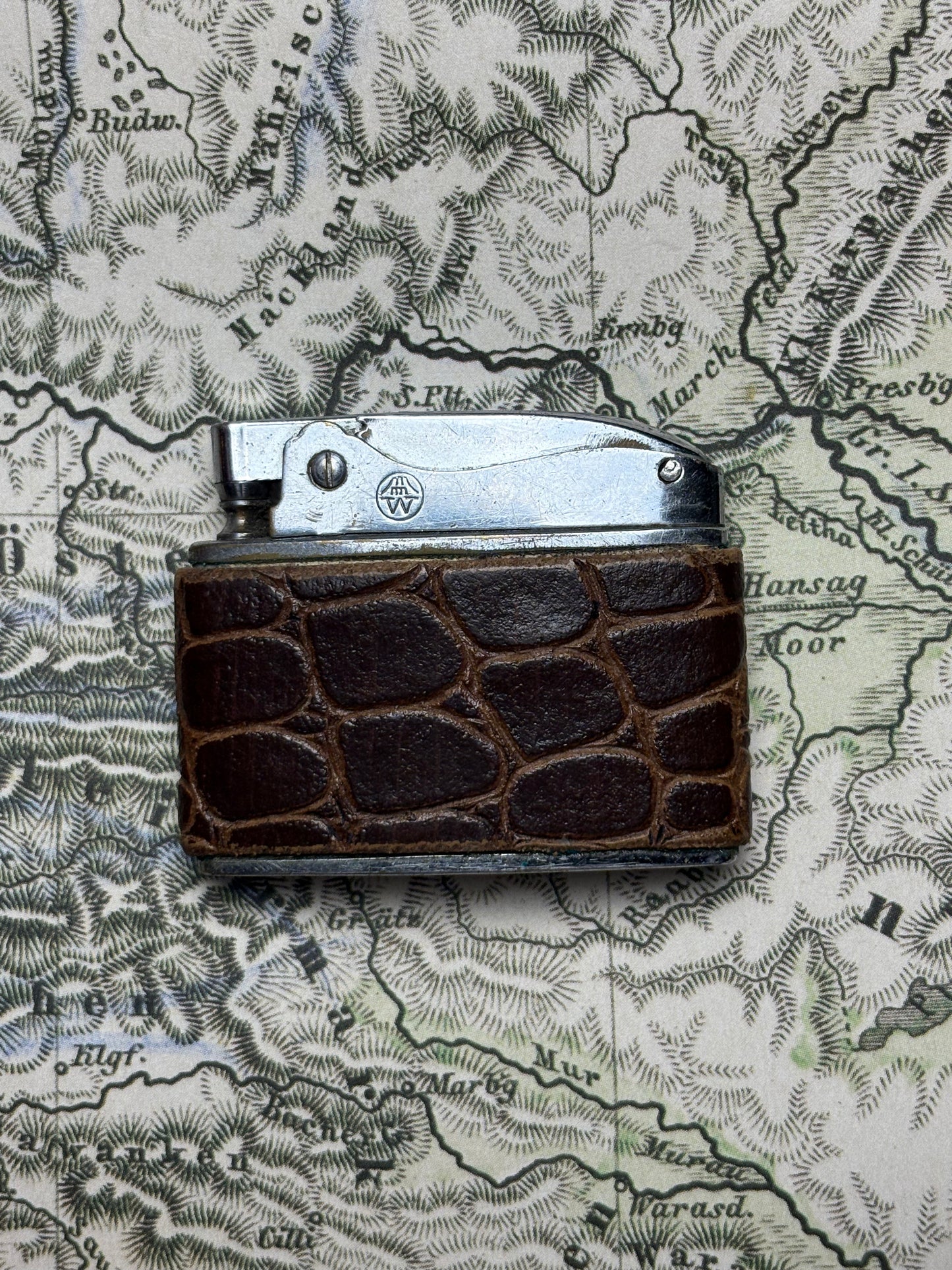 c.1960’s Leather-Wrapped Flat-Ad Pocket Lighter