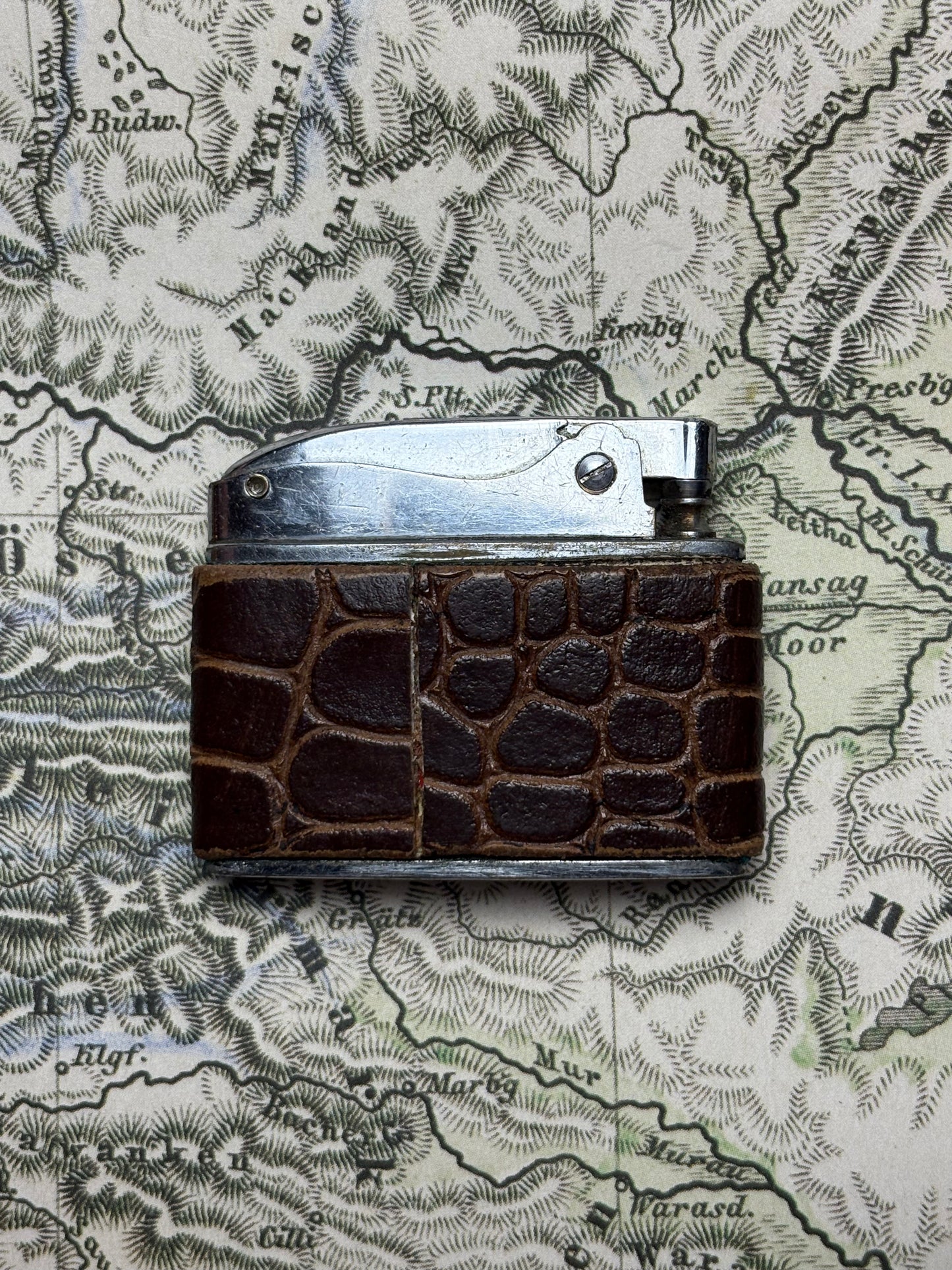 c.1960’s Leather-Wrapped Flat-Ad Pocket Lighter